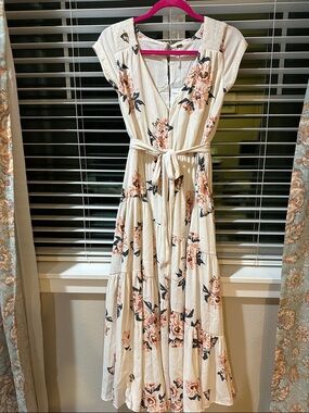 Floral V-Neck Cream Maxi Dress with Tie Waist